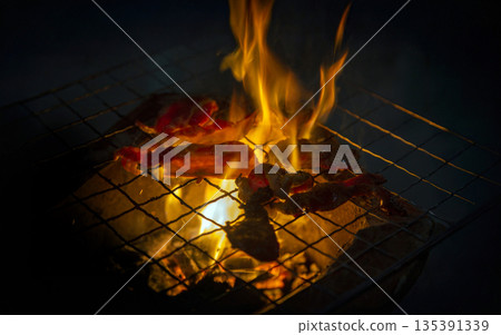 Close-up of meat grilling over hot charcoal with flames. Authentic Asian street food concept for BBQ, outdoor cooking, and nightlife dining experiences Close-up of meat grilling over hot charcoal with flames. Authentic Asian street food concept for BBQ, outdoor cooking, and nightlife dining experiences 135391339
