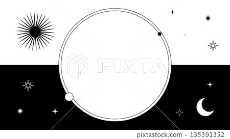 時尚的單色背景，點綴著閃爍的太陽、月亮和星星，構成圓形邊框。 135391352