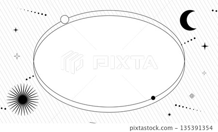 時尚的單色背景，橢圓形邊框上裝飾著太陽、月亮和流星。 135391354