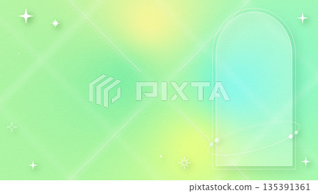 時尚的綠色漸變背景，點綴著閃亮的星星和行星，構成一個圓形窗狀框架。 135391361