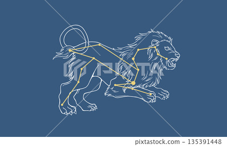 獅子座的線條畫,漂浮在深藍色背景上(白色獅子和金色星座線條) 獅子座的線條畫,漂浮在深藍色背景上(白色獅子和金色星座線條) 135391448