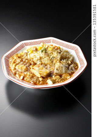 Mapo tofu fried rice photographed against a black background 135391581
