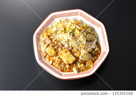 Mapo tofu fried rice photographed against a black background 135391589