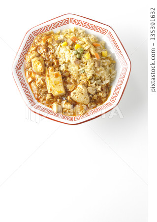 Mapo tofu fried rice photographed on a white background Mapo tofu fried rice photographed on a white background 135391632
