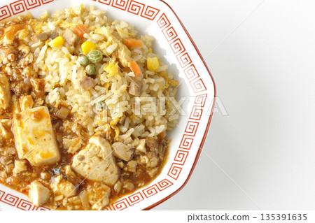 Mapo tofu fried rice photographed on a white background 135391635