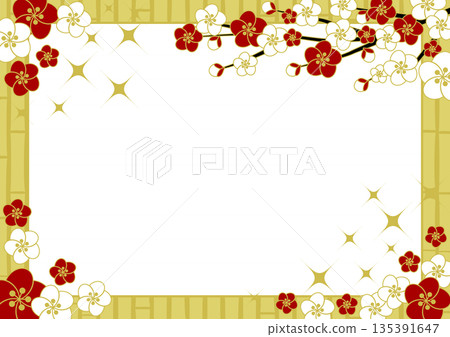 Plum and bamboo fence, gold, frame illustration, cute, simple, horizontal 135391647