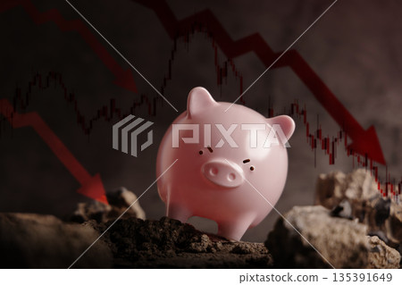 Piggy bank among cracked ground. Economic crisis, financial hardship, recession, depression, risk management 135391649