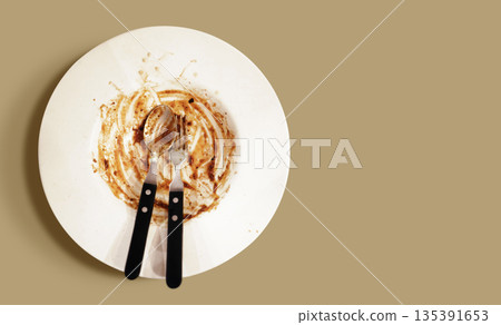 Empty plate with cutlery after meal, symbolizing zero food waste, sustainable eating Empty plate with cutlery after meal, symbolizing zero food waste, sustainable eating 135391653
