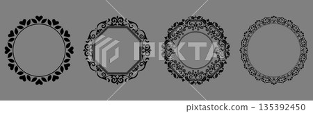 Set of decorative frames Elegant vector element for design in Eastern style, place for text. Floral black and gray borders. Lace illustration for invitations and greeting cards 135392450