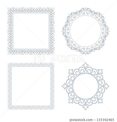 Set of decorative frames Elegant vector element for design in Eastern style, place for text. Floral gray and white borders. Lace illustration for invitations and greeting cards Set of decorative frames Elegant vector element for design in Eastern style, place for text. Floral gray and white borders. Lace illustration for invitations and greeting cards 135392465