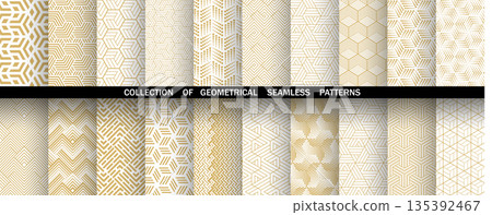 Geometric set of seamless golden and white patterns. Simple vector graphics 135392467