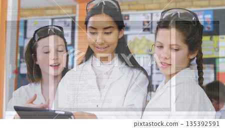 Students wearing lab coats and goggles examining tablet in science lab, with posters and boards 135392591