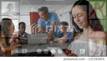 Female teen holding smartphone in classroom, showing call windows and triangle equation, copy space 135392603