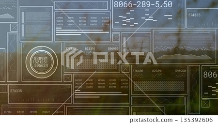 Displaying translucent data panels in interface overlay over blurred foliage, with circular gauge Displaying translucent data panels in interface overlay over blurred foliage, with circular gauge 135392606