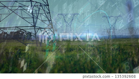 Dominating high-voltage tower extending lines across grassy field with binary overlay, copy space 135392608