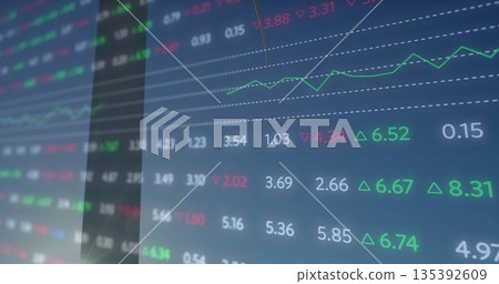 Displaying digital market screen at trading desk, showing numeric indicators, arrows and line chart 135392609