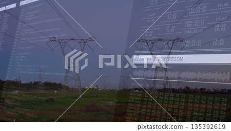Displaying lattice steel tower carrying high-voltage lines in rural plain, with encryption overlay Displaying lattice steel tower carrying high-voltage lines in rural plain, with encryption overlay 135392619
