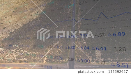 Showing aerial view intersecting two-lane asphalt roads in open desert, with numeric data overlay Showing aerial view intersecting two-lane asphalt roads in open desert, with numeric data overlay 135392627