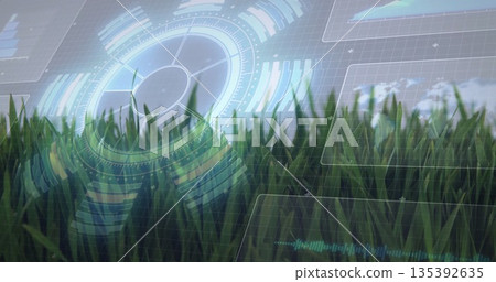 Displaying green blades in field, overlaying radial indicator, charts, map, waveform and hex grid 135392635