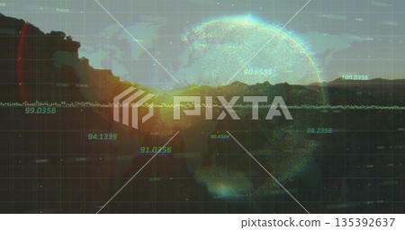 Displaying glowing data sphere over mountain silhouette, sun, world map grid, data line, copy space Displaying glowing data sphere over mountain silhouette, sun, world map grid, data line, copy space 135392637