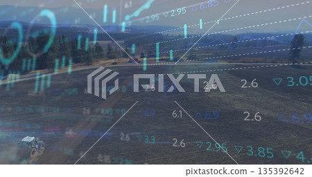 Working red tractor harvesting field by tree line and hills, with financial charts, copy space Working red tractor harvesting field by tree line and hills, with financial charts, copy space 135392642
