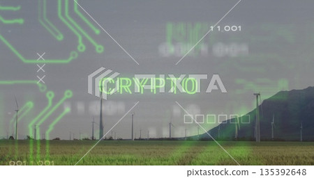 Displaying glowing green CRYPTO text hovering over foothill wind farm with circuitry and data Displaying glowing green CRYPTO text hovering over foothill wind farm with circuitry and data 135392648