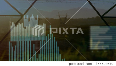 Framing lattice beams revealing transmission towers, power lines in rural field, with data overlays Framing lattice beams revealing transmission towers, power lines in rural field, with data overlays 135392650