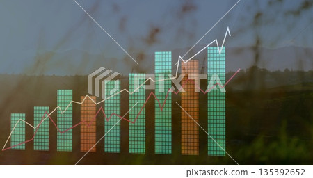 Displaying grid-patterned bar chart overlaying rural field, featuring white and red trend lines Displaying grid-patterned bar chart overlaying rural field, featuring white and red trend lines 135392652