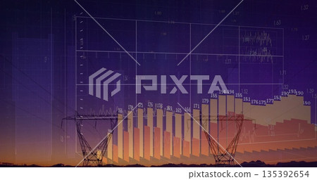 Displaying power pylons with rising 3D data bars and wireframe axes over rural dusk landscape Displaying power pylons with rising 3D data bars and wireframe axes over rural dusk landscape 135392654