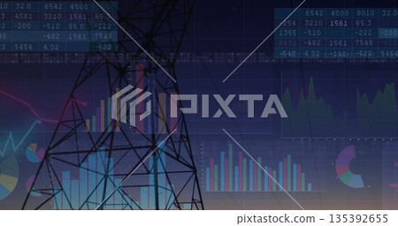 Steel lattice transmission tower outlining dusk sky at power site, with numeric tables and charts Steel lattice transmission tower outlining dusk sky at power site, with numeric tables and charts 135392655
