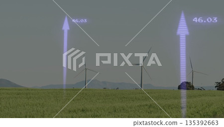 Three wind turbines spinning in green crop field, with two upward arrows labeled 46 135392663