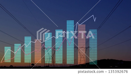 Displaying bar chart overlay and line graphs rising above rural dusk field, with pylons and cables Displaying bar chart overlay and line graphs rising above rural dusk field, with pylons and cables 135392676