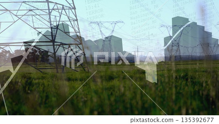 Framing steel lattice transmission tower rising above grassy field, with data overlay, copy space Framing steel lattice transmission tower rising above grassy field, with data overlay, copy space 135392677