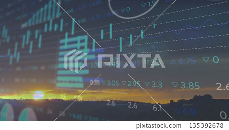 Flowing translucent bar charts, line graphs across sunset hills showing stock values on grid lines Flowing translucent bar charts, line graphs across sunset hills showing stock values on grid lines 135392678