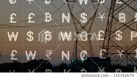 Featuring tower framing power lines against dusk sky at edge, with currency icon grid, copy space Featuring tower framing power lines against dusk sky at edge, with currency icon grid, copy space 135392679
