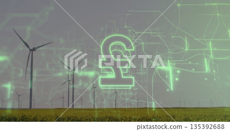 Showing neon-green pound sign hovering above yellow field at wind farm, turbines and circuit lines 135392688