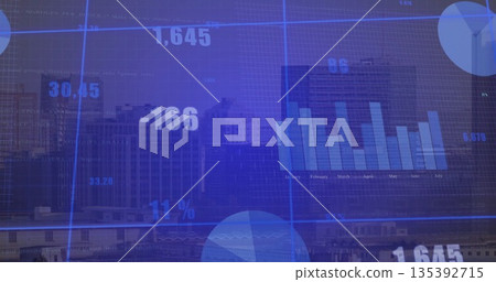 Displaying grid overlay on downtown skyline, with floating numeric indicators and chart segments Displaying grid overlay on downtown skyline, with floating numeric indicators and chart segments 135392715