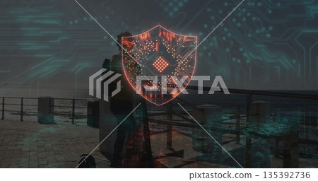 Projecting glowing digital shield over path at dusk, with telescope cart and couple in casual wear Projecting glowing digital shield over path at dusk, with telescope cart and couple in casual wear 135392736