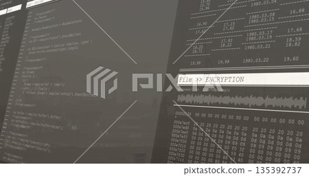 Dual monitors displaying File ENCRYPTION code, data table, hex dump in office, with progress bar Dual monitors displaying File ENCRYPTION code, data table, hex dump in office, with progress bar 135392737
