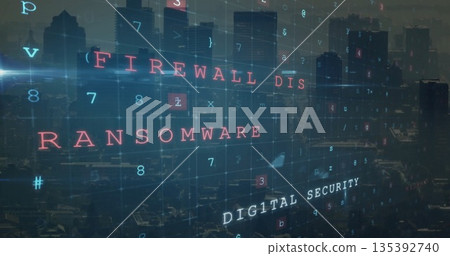 Displaying red RANSOMWARE text spanning urban skyline at dusk, with translucent grid and code 135392740