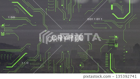 Displaying glitchy CRYPTO text pulsing over skyline, with neon green circuit traces and binary code Displaying glitchy CRYPTO text pulsing over skyline, with neon green circuit traces and binary code 135392741