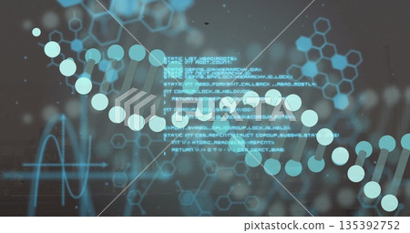 Showcasing DNA double helix at interface, with code text, hexagon outlines and waveform line Showcasing DNA double helix at interface, with code text, hexagon outlines and waveform line 135392752