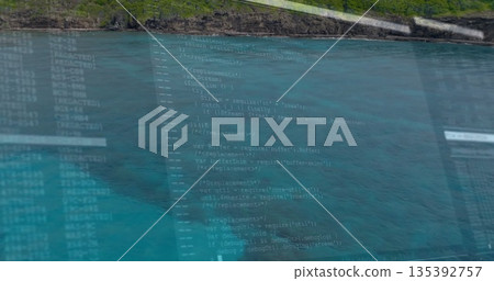 Overlaying translucent programming code over coastal seascape, with stream and buffer modules Overlaying translucent programming code over coastal seascape, with stream and buffer modules 135392757