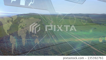 Displaying rolling green fields and winding dirt tracks on hillside farmland, with digital overlays Displaying rolling green fields and winding dirt tracks on hillside farmland, with digital overlays 135392761