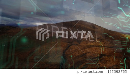 Displaying large FIREWALL text overlaying rural mountain road with turquoise circuit patterns Displaying large FIREWALL text overlaying rural mountain road with turquoise circuit patterns 135392765
