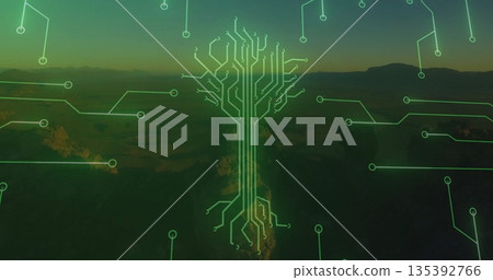 Displaying central neon green circuit tree overlaying valley landscape at dusk with circuit traces 135392766