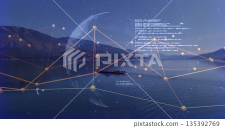 Gliding rowing team wearing life vests across mountain lake at twilight, with data network overlay 135392769