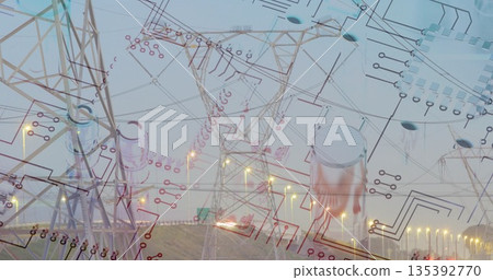 Displaying power pylons supporting high-voltage lines on grassland, with circuit diagrams overlay 135392770