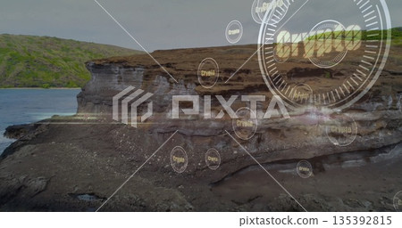 Showing layered rock cliff rising above ocean shore, with digital crypto badges and gauge overlays Showing layered rock cliff rising above ocean shore, with digital crypto badges and gauge overlays 135392815