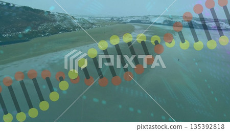 Floating stylized DNA double helix above snowy beach with colored circles and data overlays 135392818